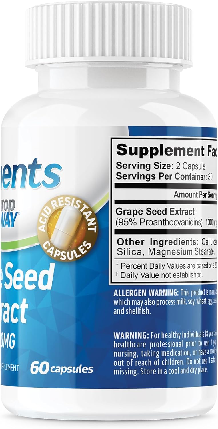 Third Party Tested Grape Seed Extract 1000mg Capsules - 60 Count in Acid Resistant Bottle - Made in cGMP Facility - NeuropAWAY Elements