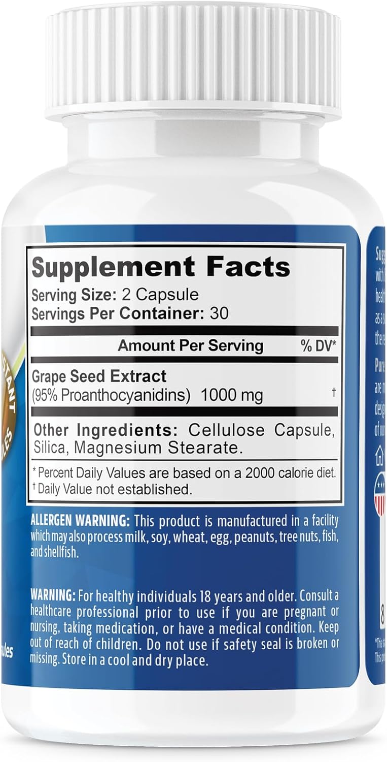 Third Party Tested Grape Seed Extract 1000mg Capsules - 60 Count in Acid Resistant Bottle - Made in cGMP Facility - NeuropAWAY Elements
