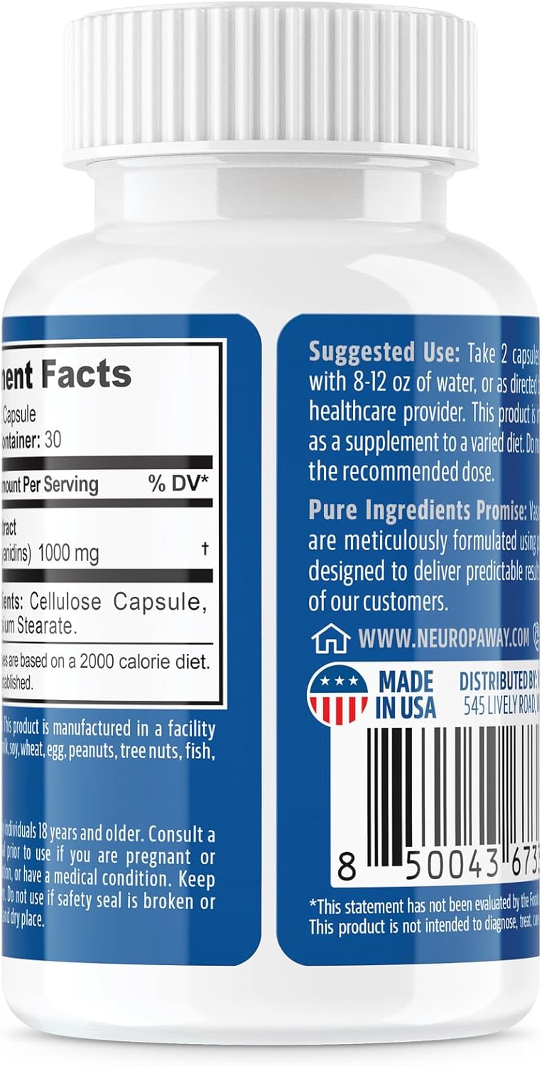 Third Party Tested Grape Seed Extract 1000mg Capsules - 60 Count in Acid Resistant Bottle - Made in cGMP Facility - NeuropAWAY Elements