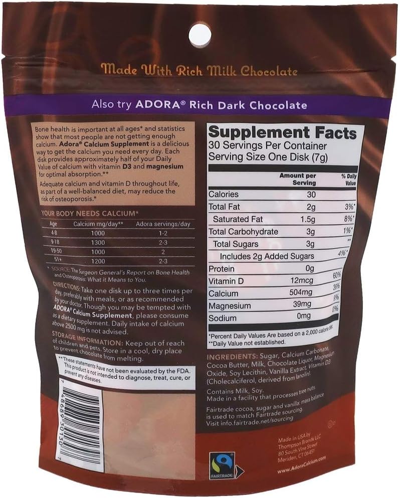 Thompson Adora Calcium Supplement with Milk Chocolate - 500 MG (30 Pieces) for Strong Bones and Teeth