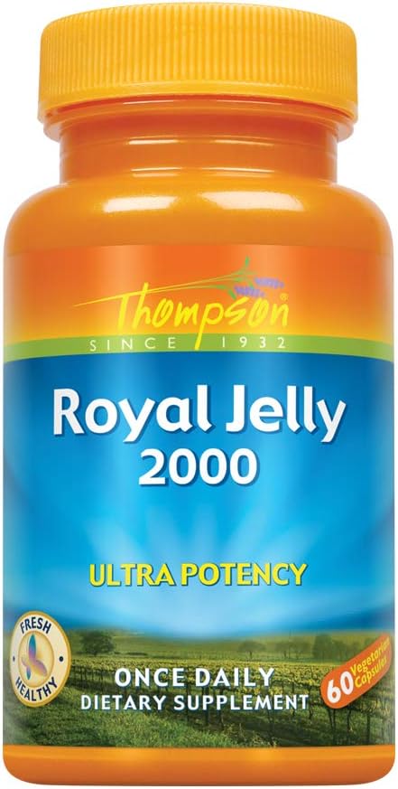 Thompson Royal Jelly Ultra Potency Capsules - 2000 Mg Protein-Based Bee Product for Natural Trace Vitamins & Minerals - 60 Vegetarian Capsules