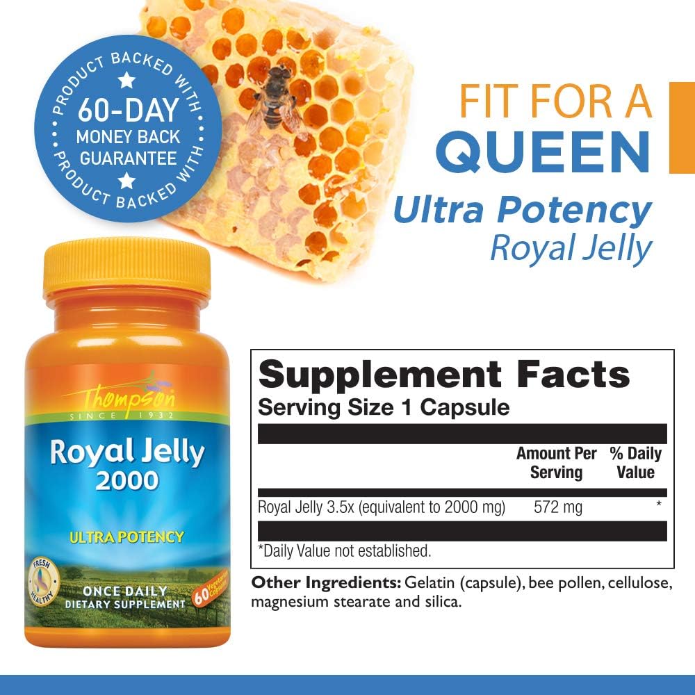 Thompson Royal Jelly Ultra Potency Capsules - 2000 Mg Protein-Based Bee Product for Natural Trace Vitamins & Minerals - 60 Vegetarian Capsules