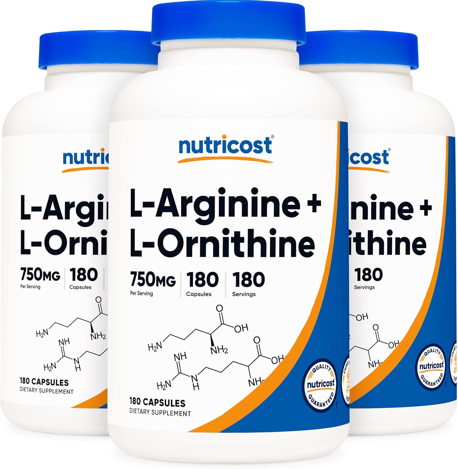 Three Bottles of Nutricost L-Arginine L-Ornithine 750mg Capsules, 180 Count