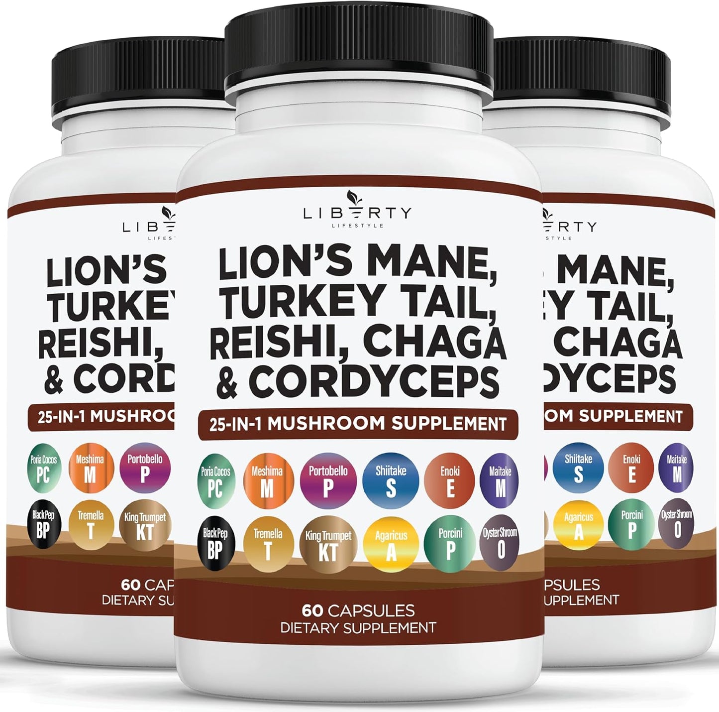 Three-Pack Liberty Lifestyle Lions Mane Mushroom Supplement with Turkey Tail, Reishi, Cordyceps, Chaga, and Marshmallow Root
