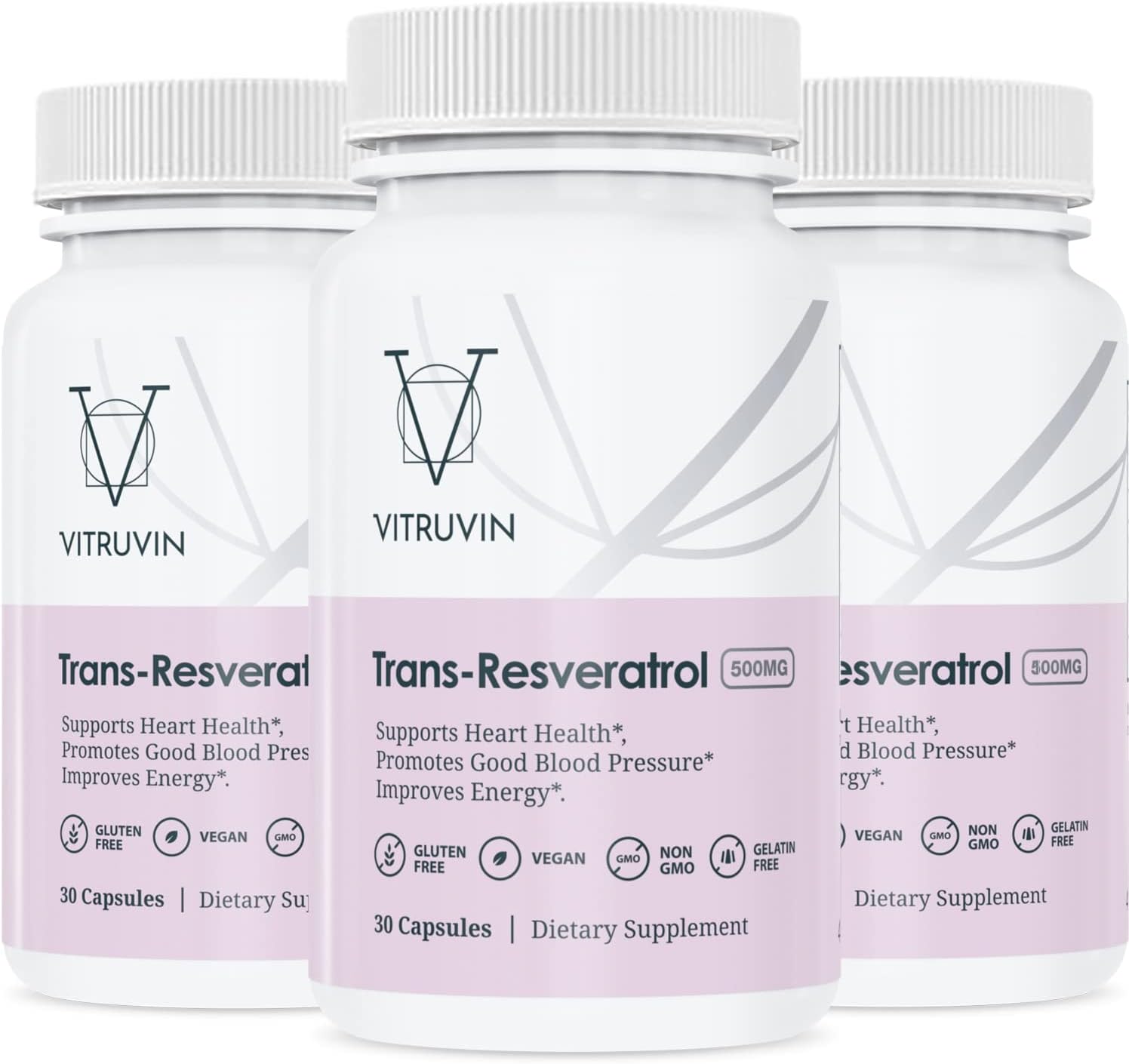 Three Pack of Vegan Non-GMO Trans-Resveratrol 500mg Capsules, Gluten-Free and Gelatin-Free by Vitruvin
