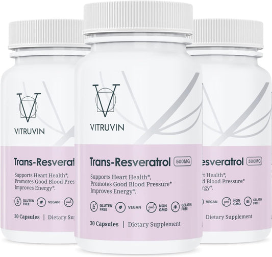 Three Pack of Vegan Non-GMO Trans-Resveratrol 500mg Capsules, Gluten-Free and Gelatin-Free by Vitruvin