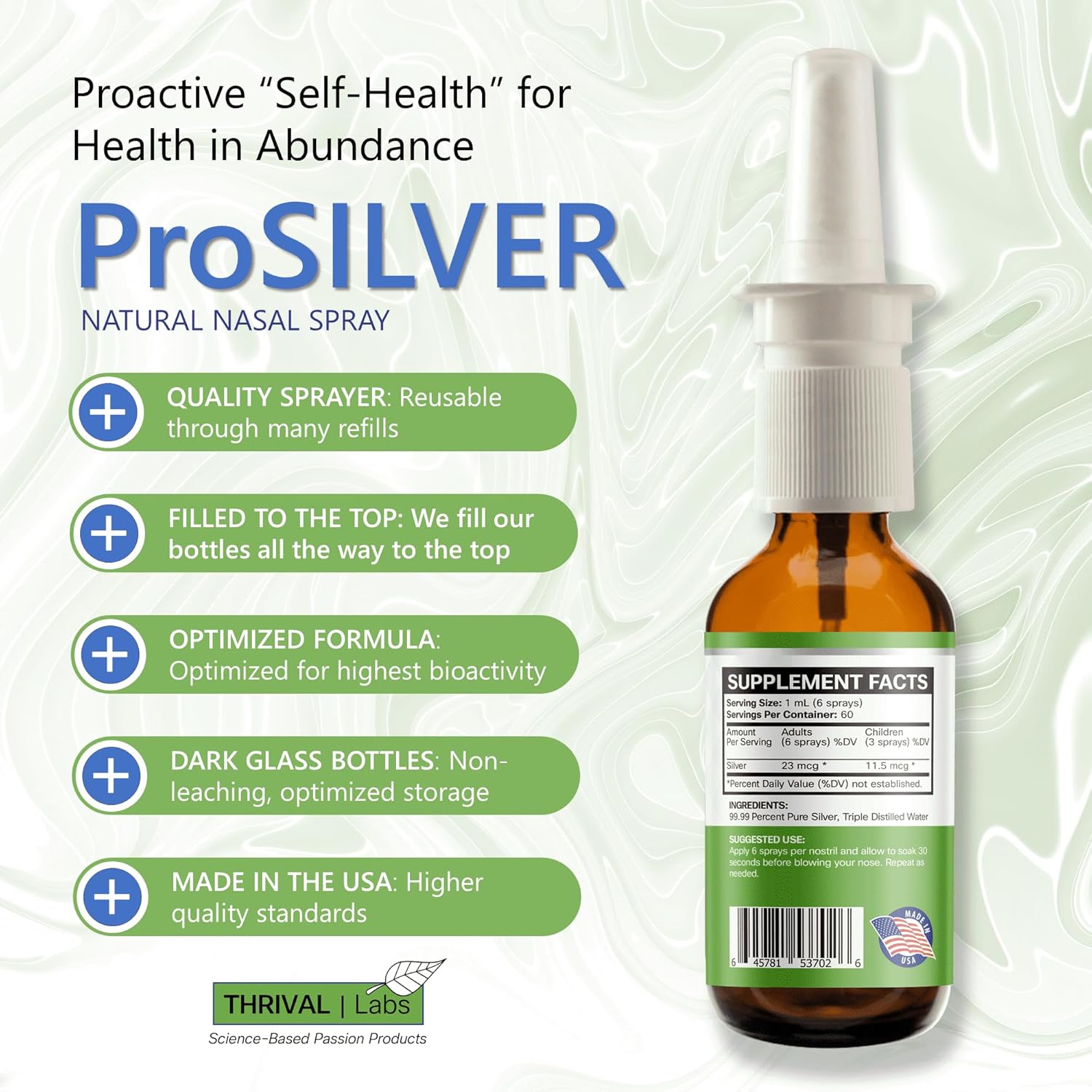 Thrive Labs ProSILVER Ionic Colloidal Silver Liquid 20 PPM Bio-Active Immune Support Spray