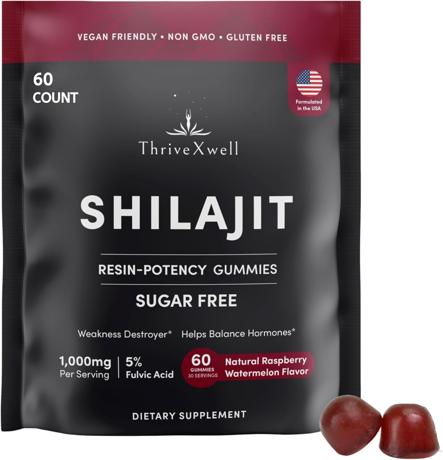 ThriveXwell Himalayan Shilajit Gummies: 1000mg Sugar-Free Supplement with 85+ Trace Minerals for Immunity, Energy, & Brain Health - Raspberry Flavor (60 Count)