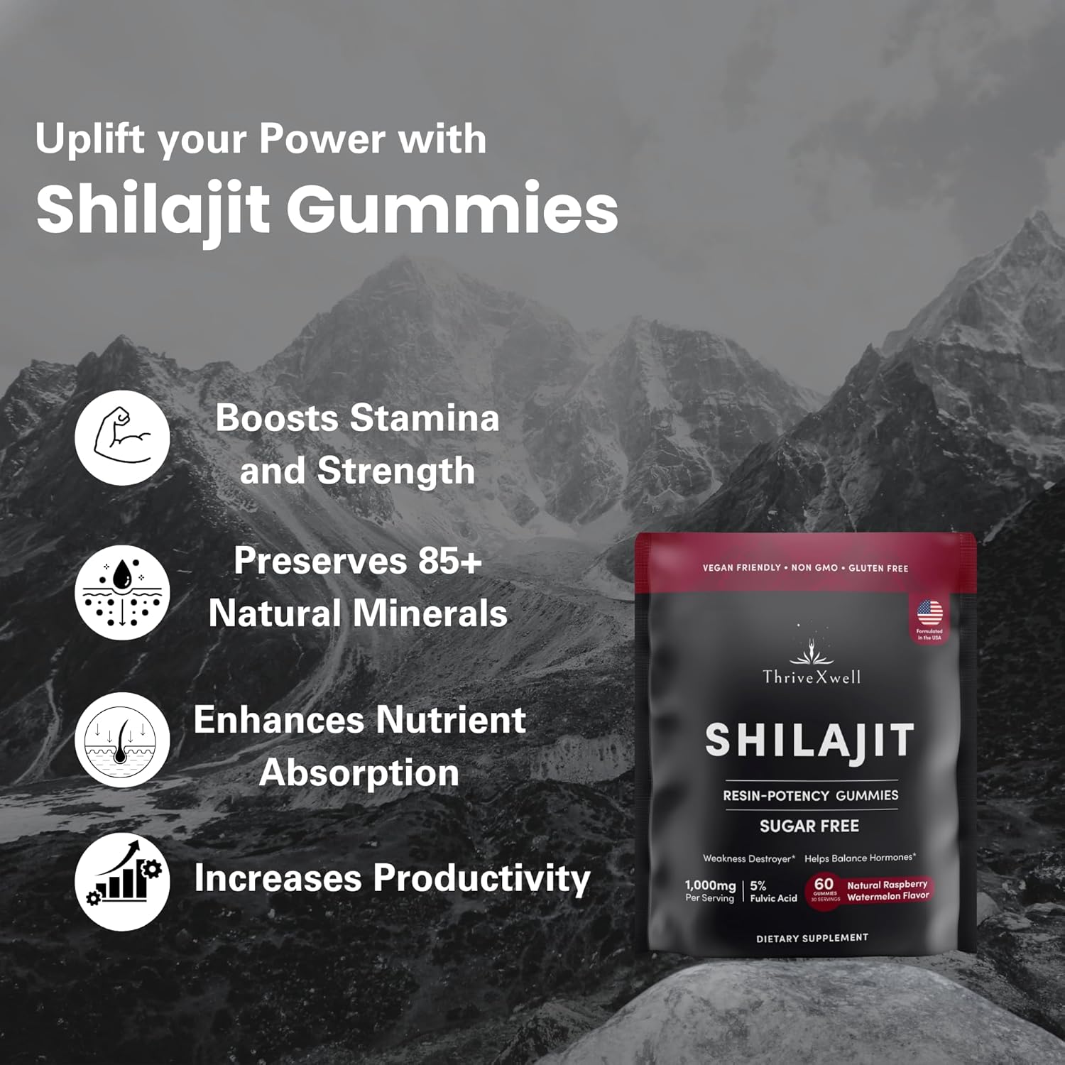 ThriveXwell Himalayan Shilajit Gummies: 1000mg Sugar-Free Supplement with 85+ Trace Minerals for Immunity, Energy, & Brain Health - Raspberry Flavor (60 Count)