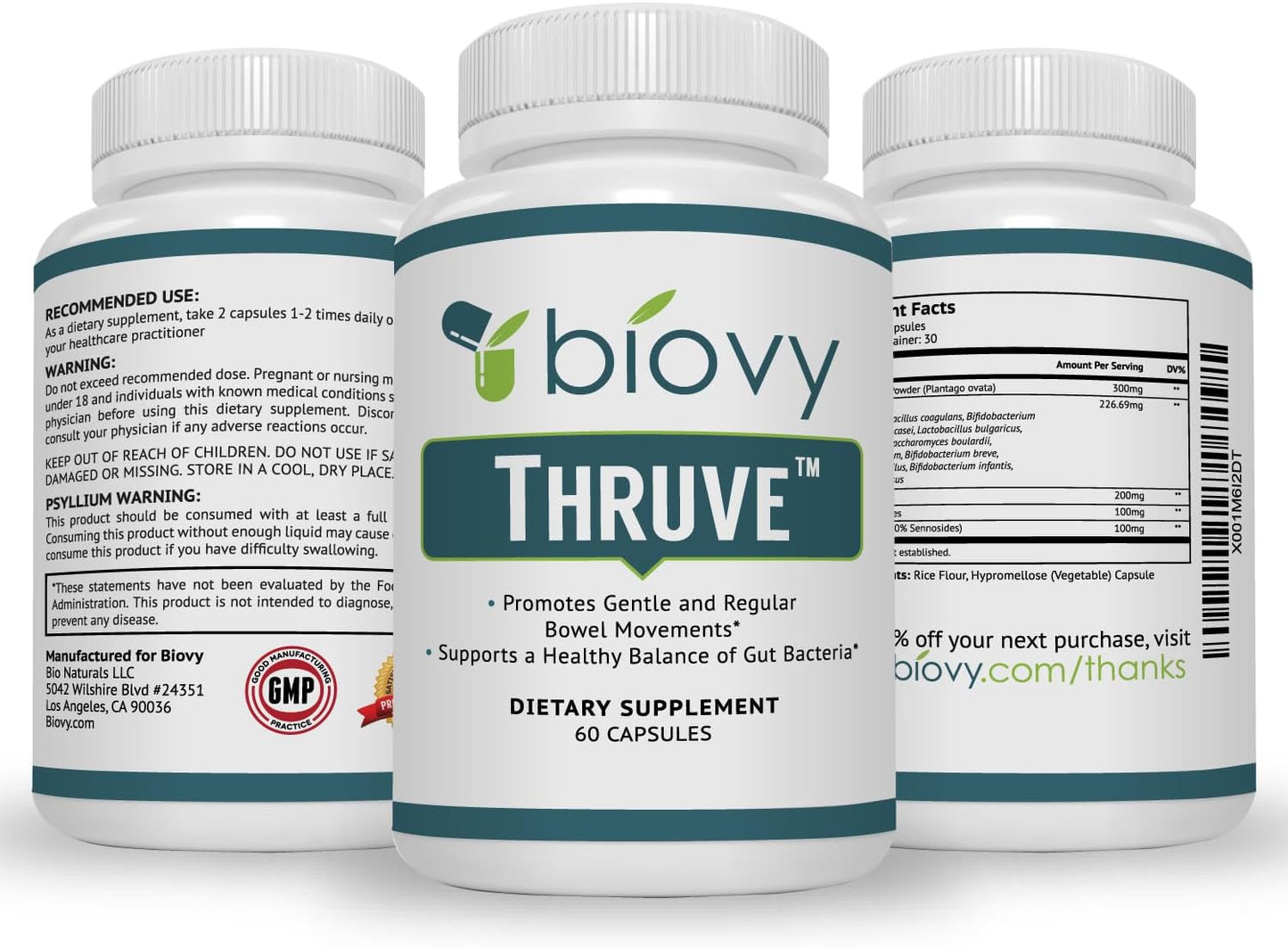 Thruve Long-Term Constipation Relief Supplement - Probiotics, Prebiotics, Natural Laxatives, and Fiber - Herbal Laxative for Constipation - 60 Capsules