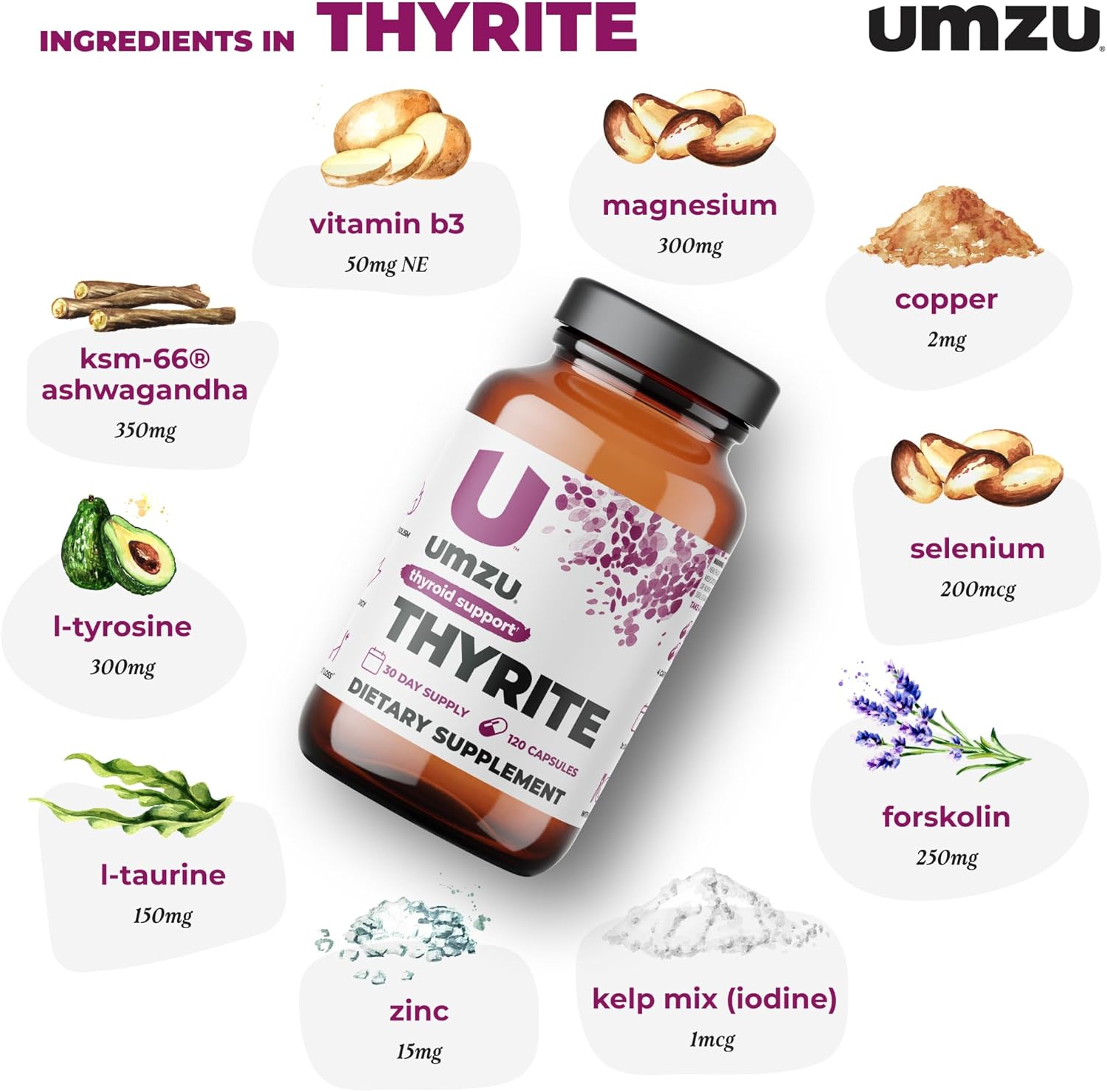 Thyrite Thyroid Support Supplement with Minerals for Healthy Metabolism & Energy - 30 Day Supply - 120 Capsules
