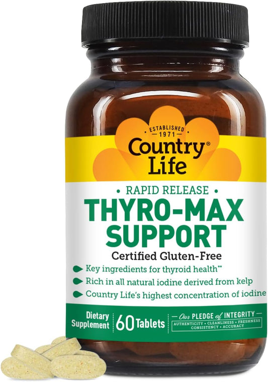 Thyro-Max Support: Kelp-Derived Iodine & L-Tyrosine Thyroid Supplement - B Vitamins, Gluten-Free, Vegan, Kosher - 60 Capsules for Men and Women