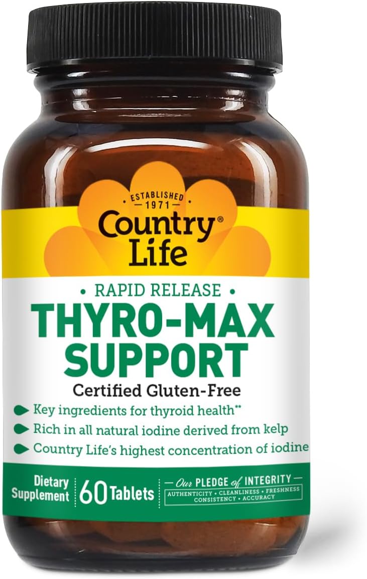 Thyro-Max Support: Kelp-Derived Iodine & L-Tyrosine Thyroid Supplement - B Vitamins, Gluten-Free, Vegan, Kosher - 60 Capsules for Men and Women