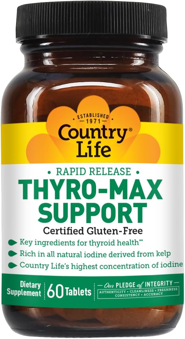 Thyro-Max Support: Kelp-Derived Iodine & L-Tyrosine Thyroid Supplement - B Vitamins, Gluten-Free, Vegan, Kosher - 60 Capsules for Men and Women