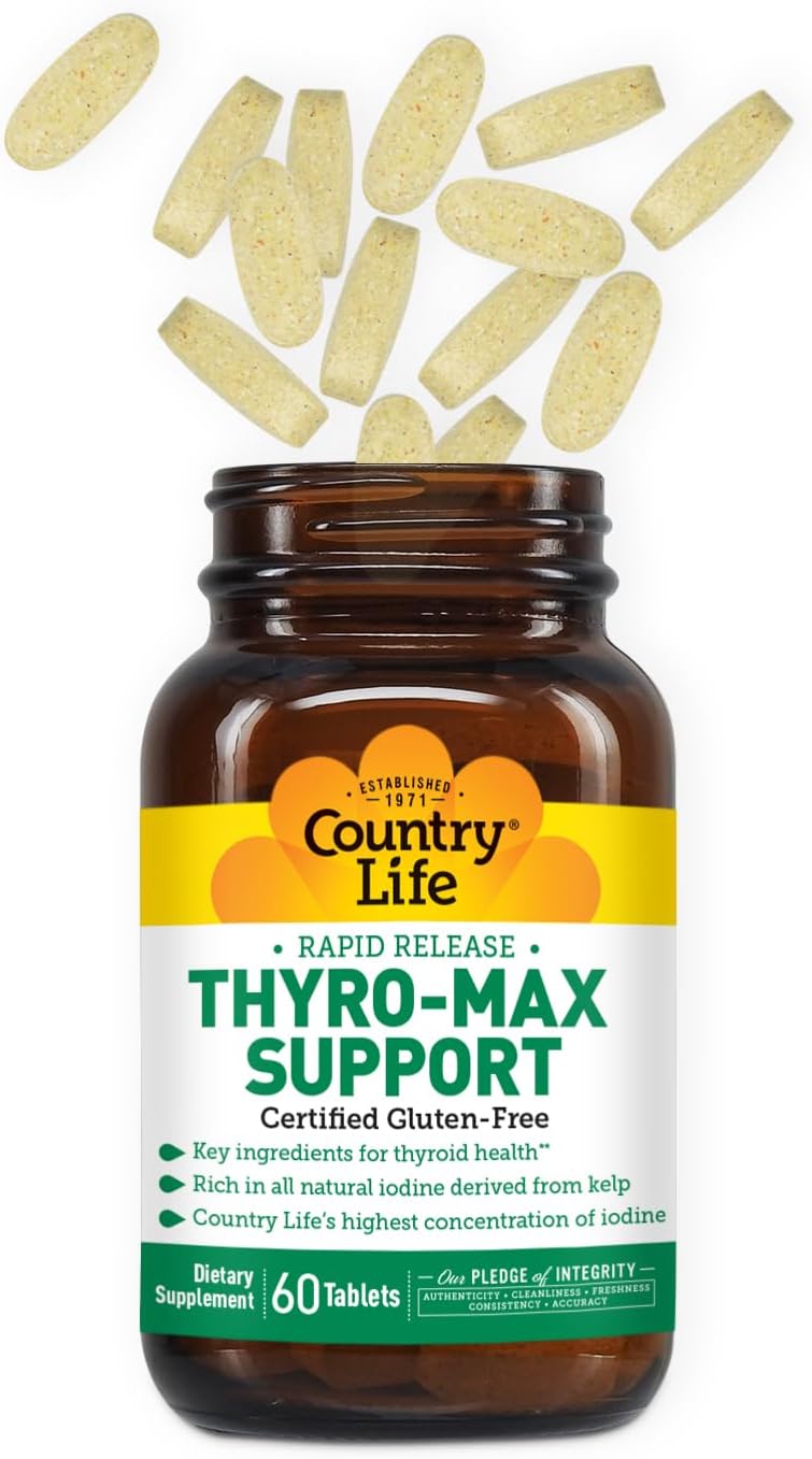 Thyro-Max Support: Kelp-Derived Iodine & L-Tyrosine Thyroid Supplement - B Vitamins, Gluten-Free, Vegan, Kosher - 60 Capsules for Men and Women
