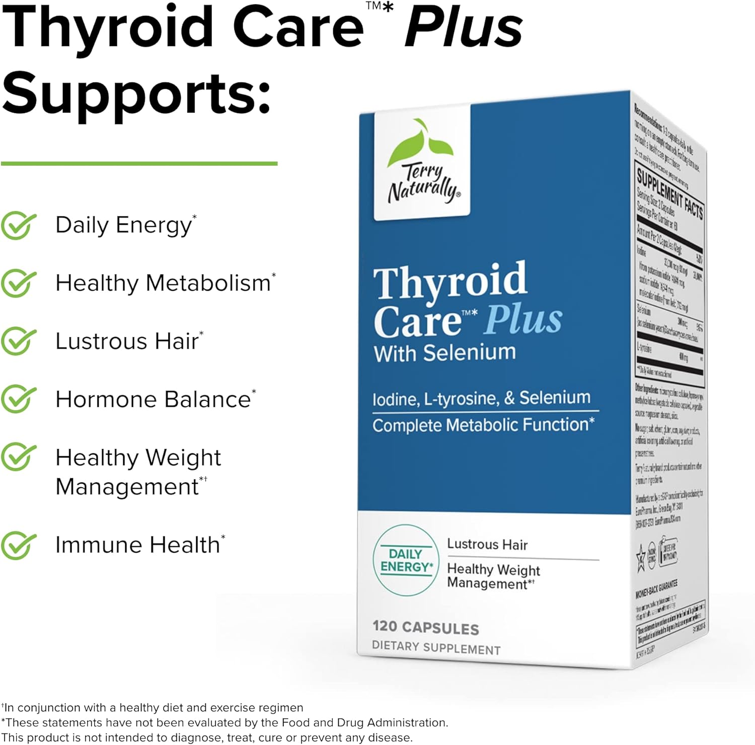 Thyroid Care Plus Supplement with L-Tyrosine & Selenium - 120 Capsules for Energy & Healthy Hair Support