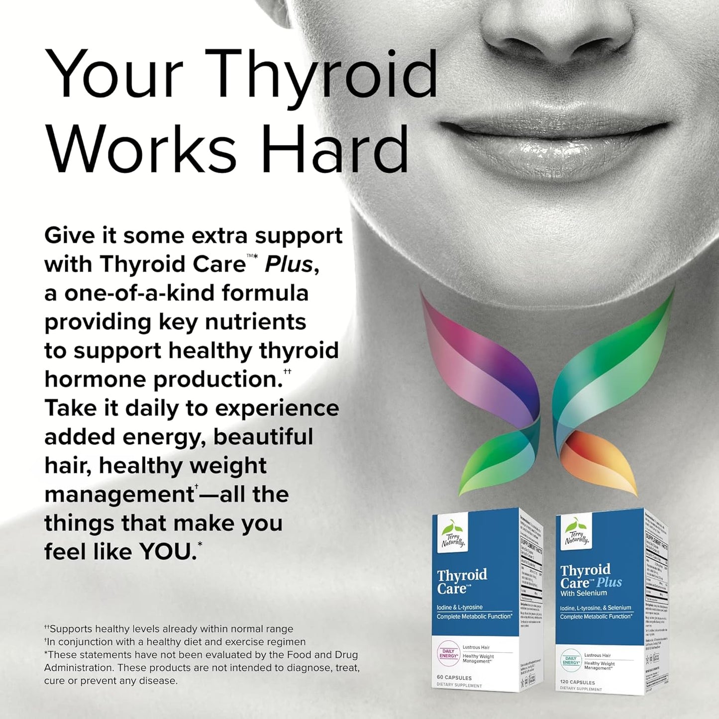 Thyroid Care Plus Supplement with L-Tyrosine & Selenium - 120 Capsules for Energy & Healthy Hair Support