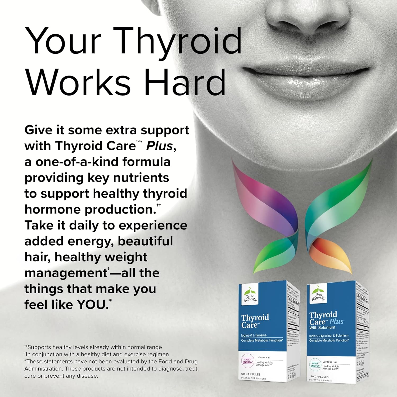 Thyroid Care Plus Supplement with L-Tyrosine & Selenium - 120 Capsules for Energy & Healthy Hair Support