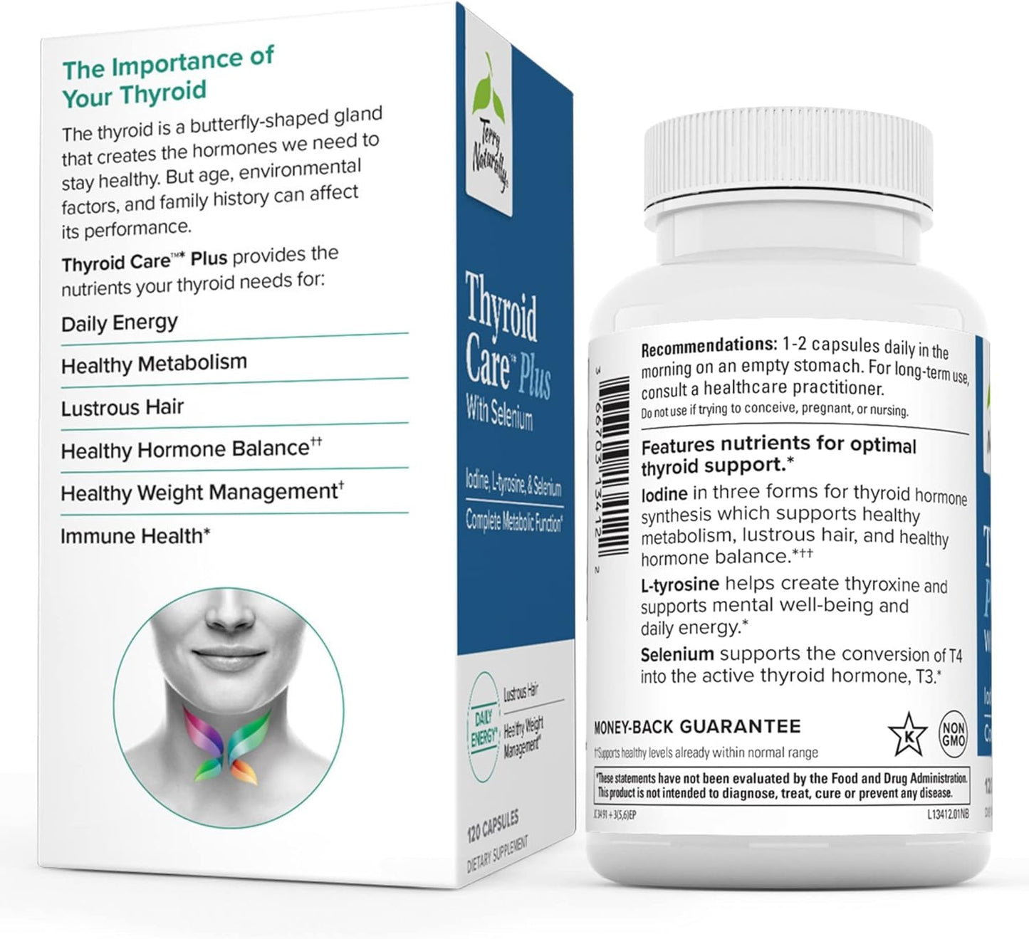 Thyroid Care Plus Supplement with L-Tyrosine & Selenium - 120 Capsules for Energy & Healthy Hair Support