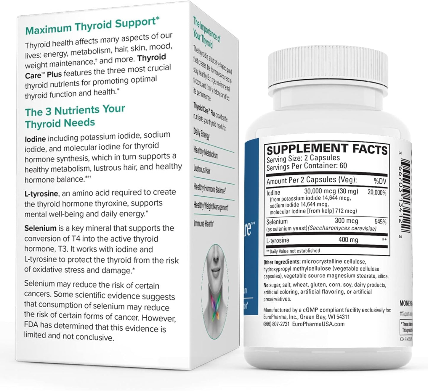Thyroid Care Plus Supplement with L-Tyrosine & Selenium - 120 Capsules for Energy & Healthy Hair Support