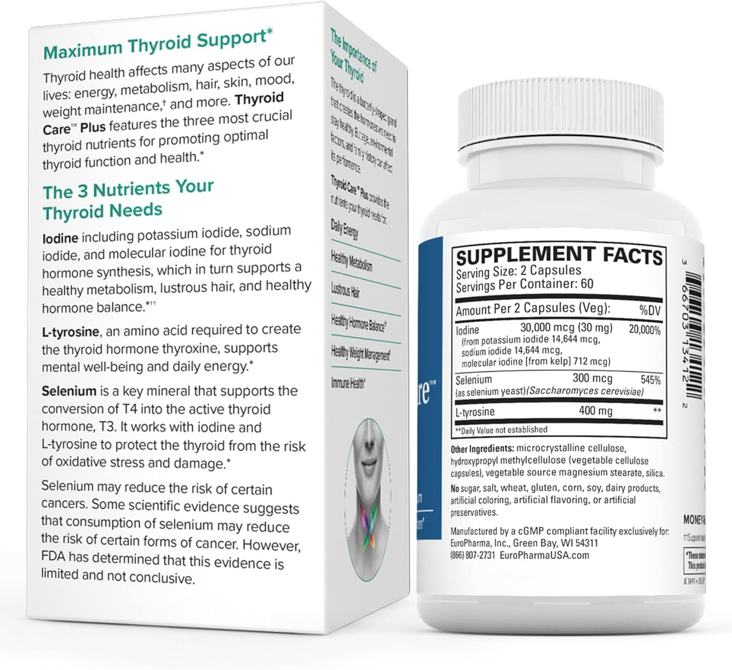 Thyroid Care Plus Supplement with L-Tyrosine & Selenium - 120 Capsules for Energy & Healthy Hair Support