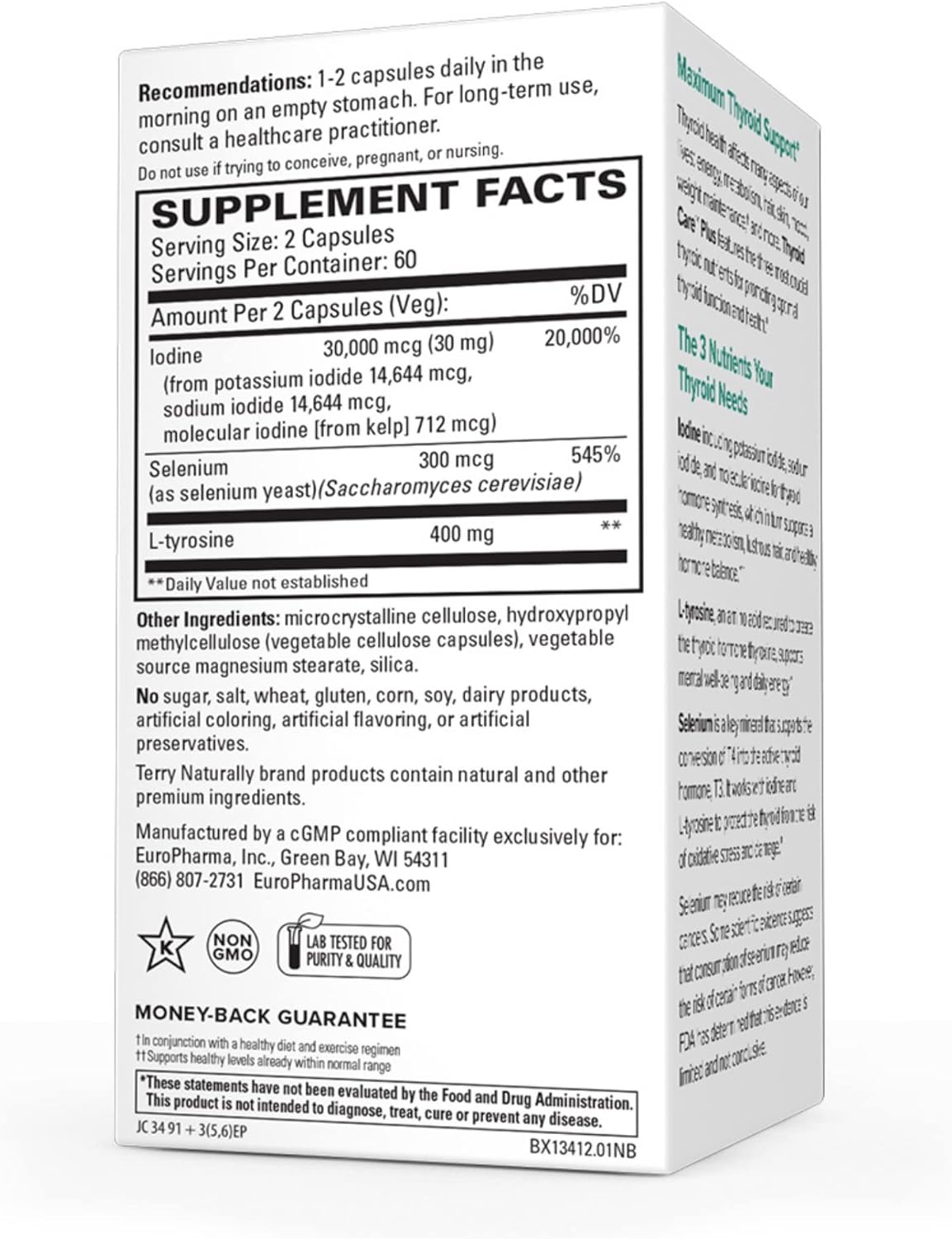 Thyroid Care Plus Supplement with L-Tyrosine & Selenium - 120 Capsules for Energy & Healthy Hair Support