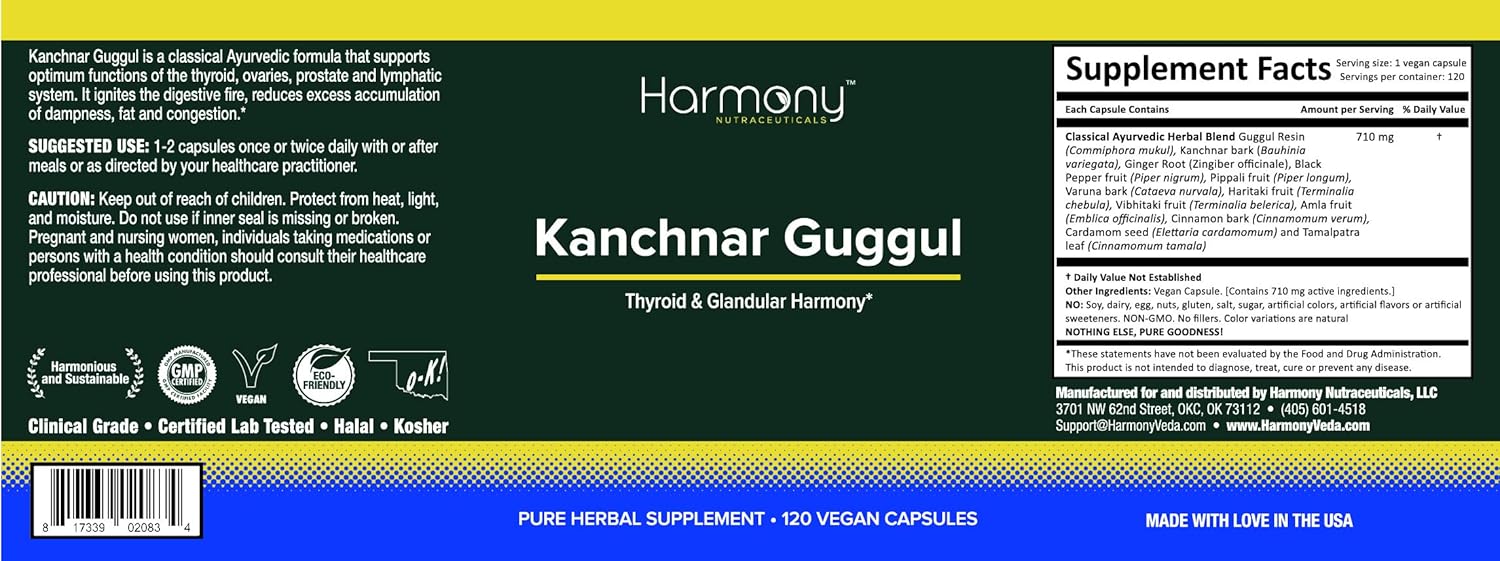Thyroid & Glandular Harmony Supplement - 120 Vegan Capsules with Kanchnar Guggul Resin by Harmony Nutraceuticals