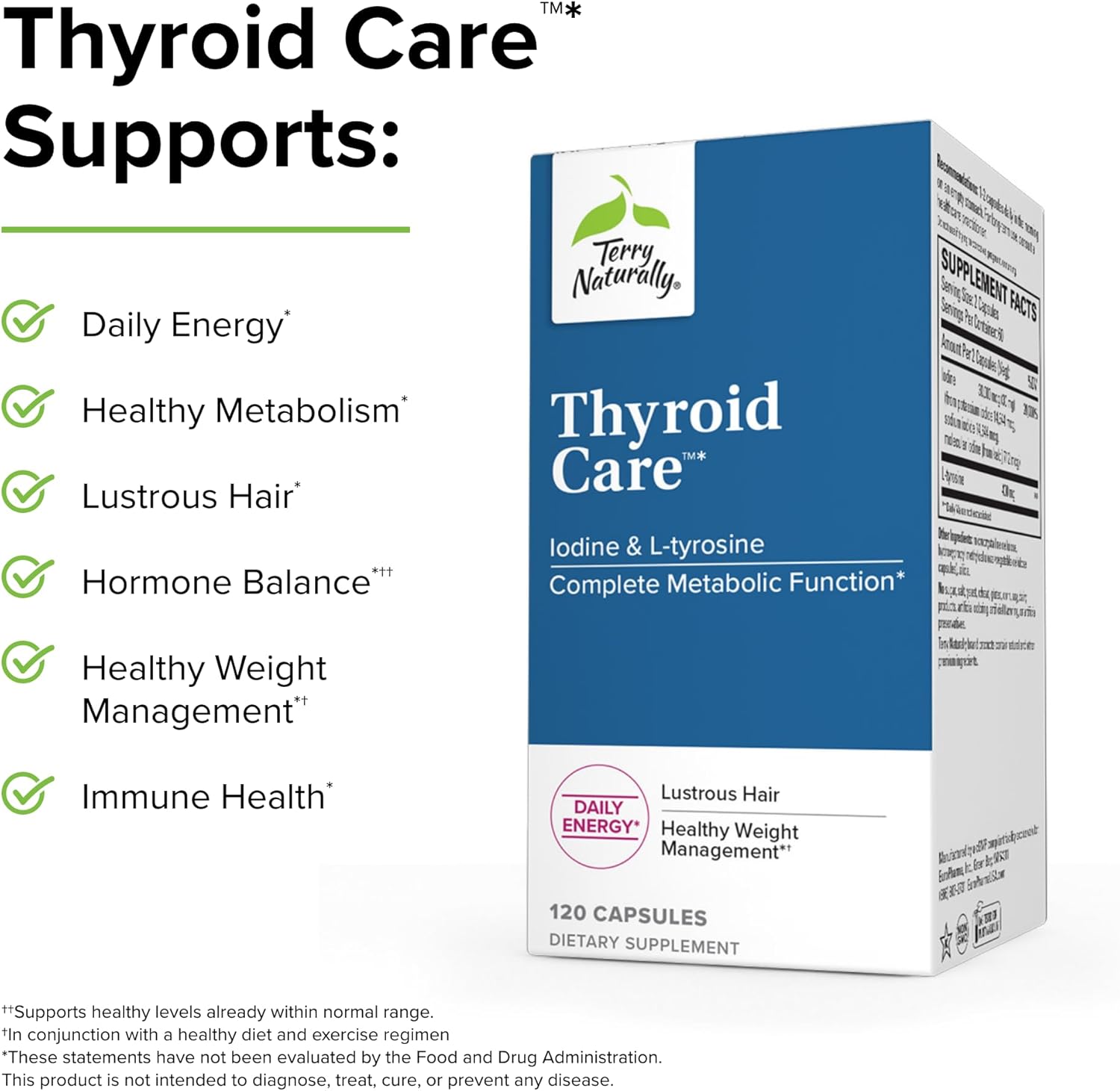 Thyroid Support Capsules with Iodine & L-Tyrosine for Metabolic Function - Non-GMO, Gluten Free, Kosher - 120 Capsules