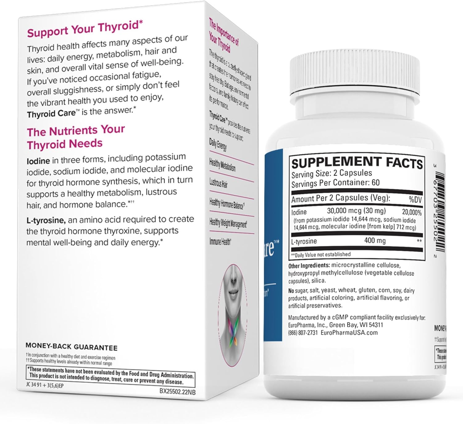 Thyroid Support Capsules with Iodine & L-Tyrosine for Metabolic Function - Non-GMO, Gluten Free, Kosher - 120 Capsules