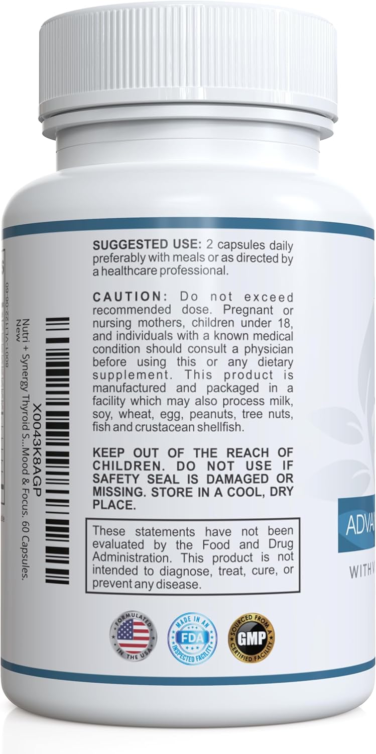 Thyroid Support Capsules with L-Tyrosine, Iodine, Vitamins & Minerals for Healthy Thyroid Function, Energy, Mood & Focus - 60 Count