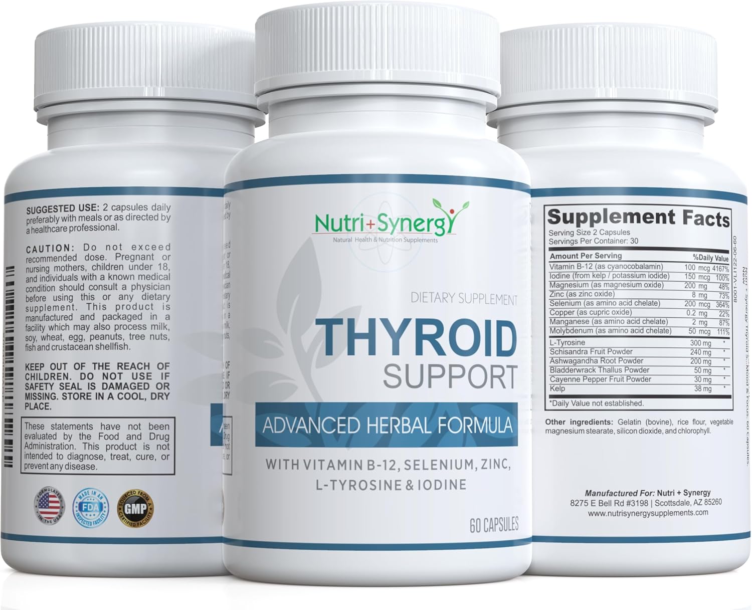 Thyroid Support Capsules with L-Tyrosine, Iodine, Vitamins & Minerals for Healthy Thyroid Function, Energy, Mood & Focus - 60 Count