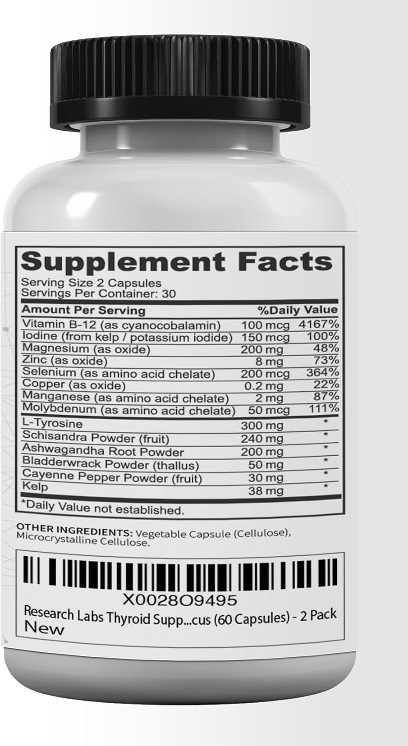 Thyroid Support + Iodine Supplement for Energy, Metabolism, Focus - 2 Pack (120 Capsules) - USA-Made, Supports Hormone Balance & Well-Being