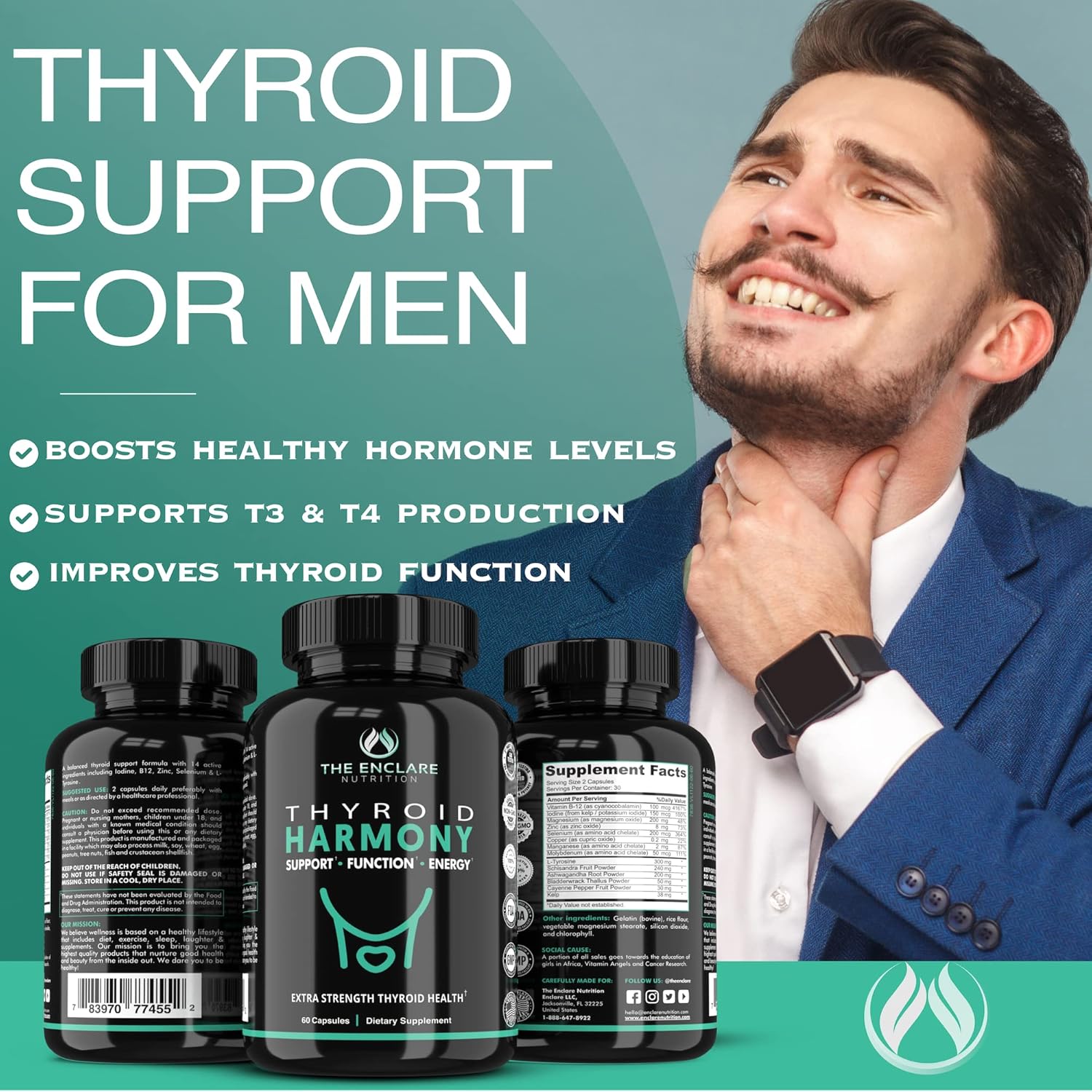 Thyroid Support Supplement for Energy, Metabolism, and Mood Balance with Iodine, Ashwagandha, and Zinc - Enclare Nutrition Formula