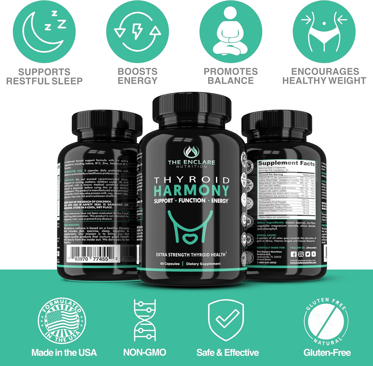 Thyroid Support Supplement for Energy, Metabolism, and Mood Balance with Iodine, Ashwagandha, and Zinc - Enclare Nutrition Formula
