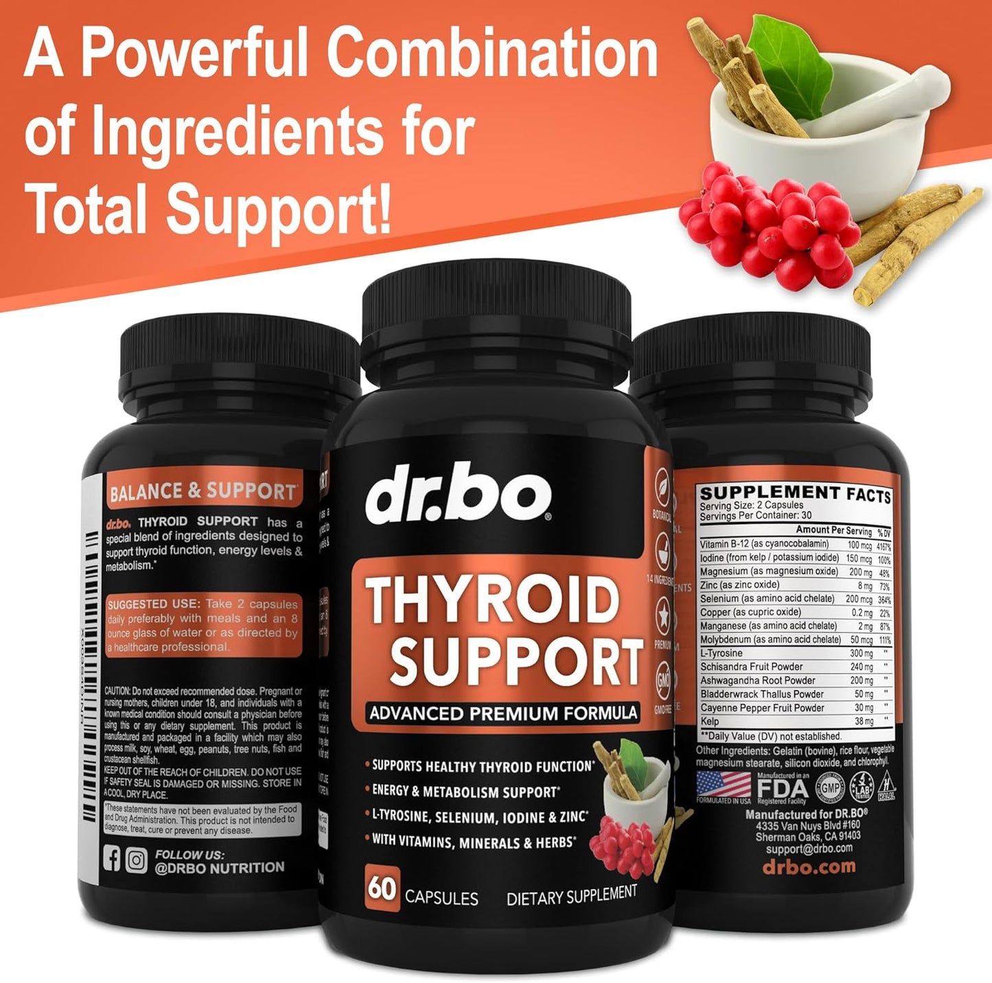 Thyroid Support Supplement for Energy, Metabolism & Mood - Natural Complex with L-Tyrosine, Selenium, Iodine, Zinc, Bladderwrack, Kelp & Ashwagandha - 60 Pills
