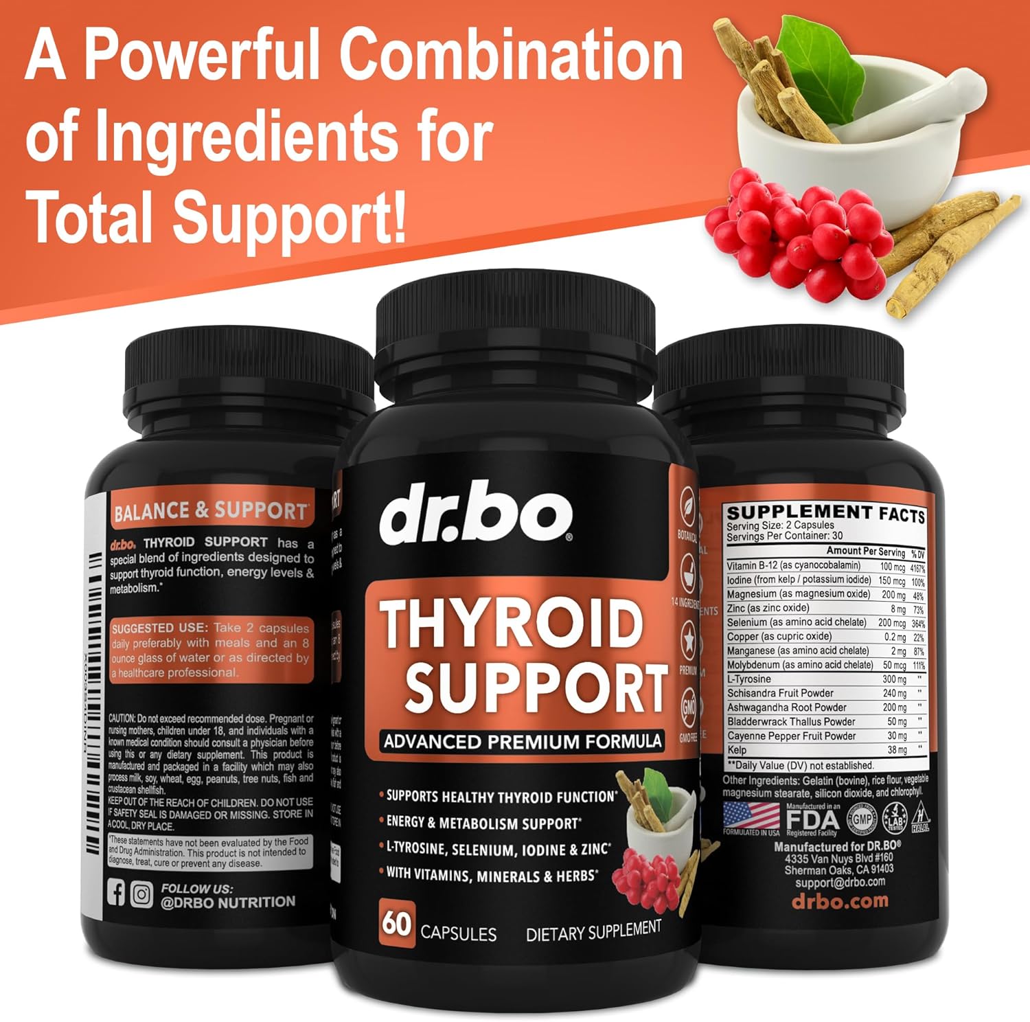 Thyroid Support Supplement for Energy, Metabolism & Mood - Natural Complex with L-Tyrosine, Selenium, Iodine, Zinc, Bladderwrack, Kelp & Ashwagandha - 60 Pills