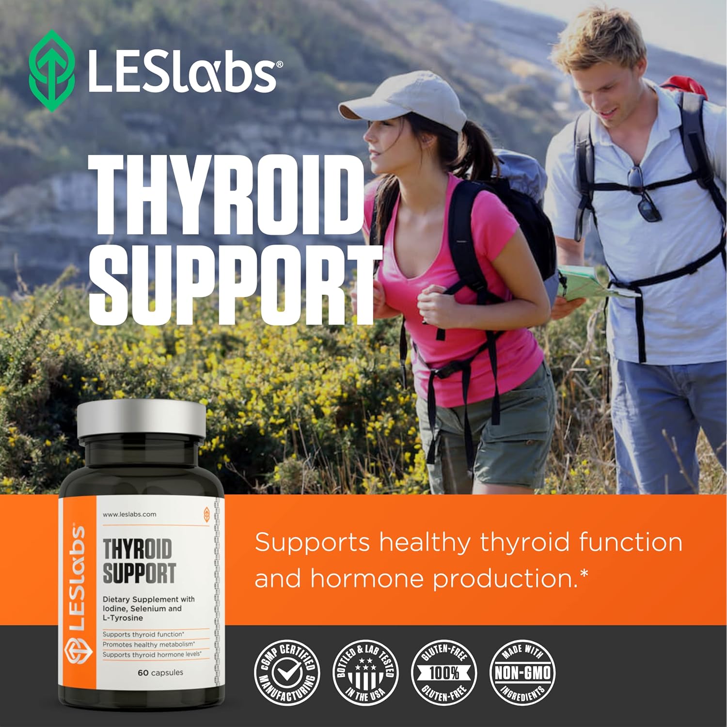 Thyroid Support Supplement for Metabolic Health, Energy, Focus - Iodine, L-Tyrosine, Ashwagandha, Selenium, Turmeric - Non-GMO - 60 Caps