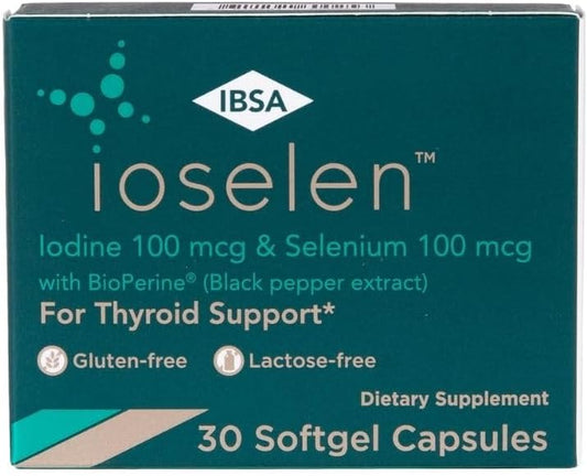 Thyroid Support Supplement with 100 mcg Selenium, 100 mcg Iodine, and 5mg BioPerine - 30 Soft-Gel Caps for Enhanced Absorption - Gluten-Free, Lactose-Free, Non-GMO - Ibsa Ioselen