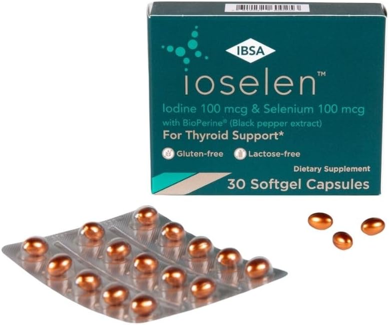 Thyroid Support Supplement with 100 mcg Selenium, 100 mcg Iodine, and 5mg BioPerine - 30 Soft-Gel Caps for Enhanced Absorption - Gluten-Free, Lactose-Free, Non-GMO - Ibsa Ioselen