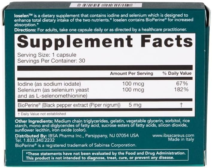 Thyroid Support Supplement with 100 mcg Selenium, 100 mcg Iodine, and 5mg BioPerine - 30 Soft-Gel Caps for Enhanced Absorption - Gluten-Free, Lactose-Free, Non-GMO - Ibsa Ioselen