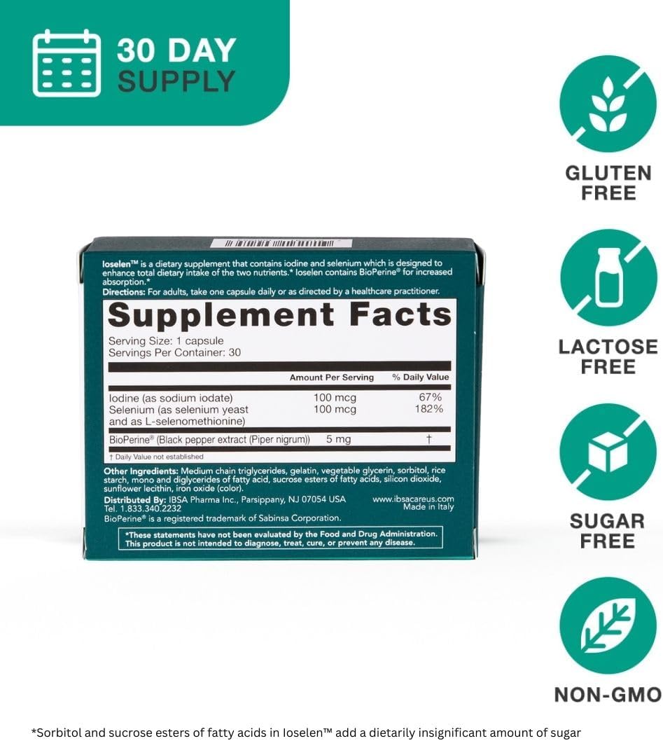 Thyroid Support Supplement with 100 mcg Selenium, 100 mcg Iodine, and 5mg BioPerine - 30 Soft-Gel Caps for Enhanced Absorption - Gluten-Free, Lactose-Free, Non-GMO - Ibsa Ioselen
