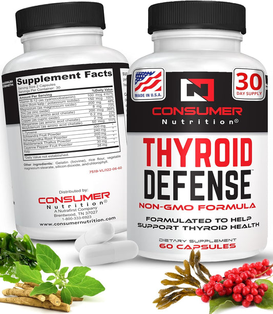 Thyroid Support Supplement with Ashwagandha, Cayenne, Schisandra, Kelp, Zinc, Vitamin B12 & Iodine - 30 Capsules for Men & Women