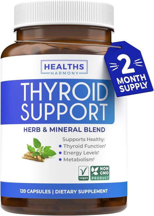 Thyroid Support Supplement with Iodine, Ashwagandha, Zinc, Selenium, Vitamin B12 - 120 Capsules - Non-GMO - Energy & Thyroid Health for Men & Women - 60 Day Supply
