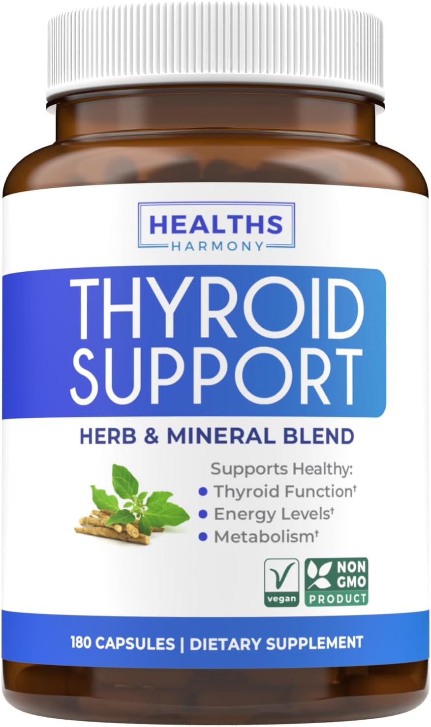 Thyroid Support Supplement with Iodine, Ashwagandha, Zinc, Selenium, Vitamin B12 - 180 Capsules - Non-GMO - Energy Boost - Women & Men - 90 Day Supply