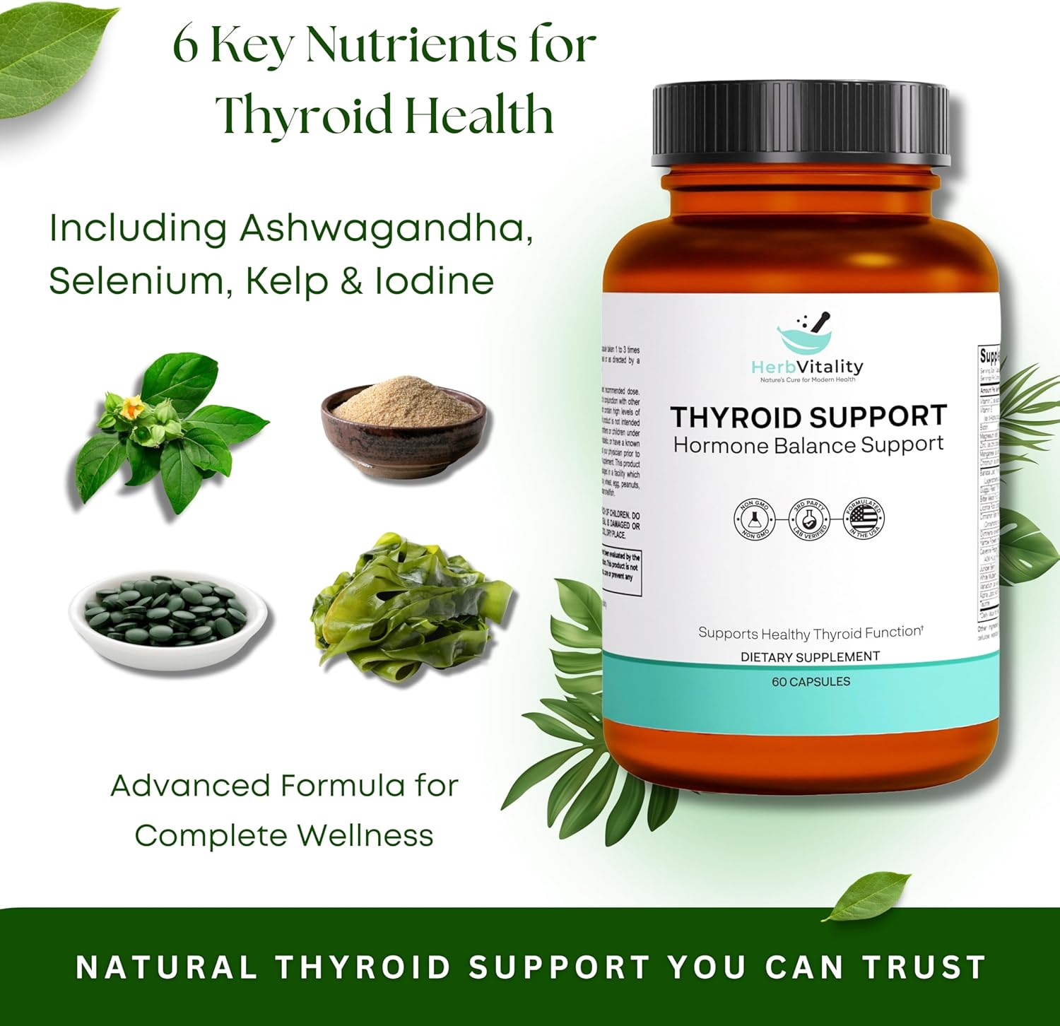 Thyroid Support Supplement with Iodine, Ashwagandha, Selenium, and Zinc - Boosts Energy, Metabolism, and Thyroid Health - 60 Capsules