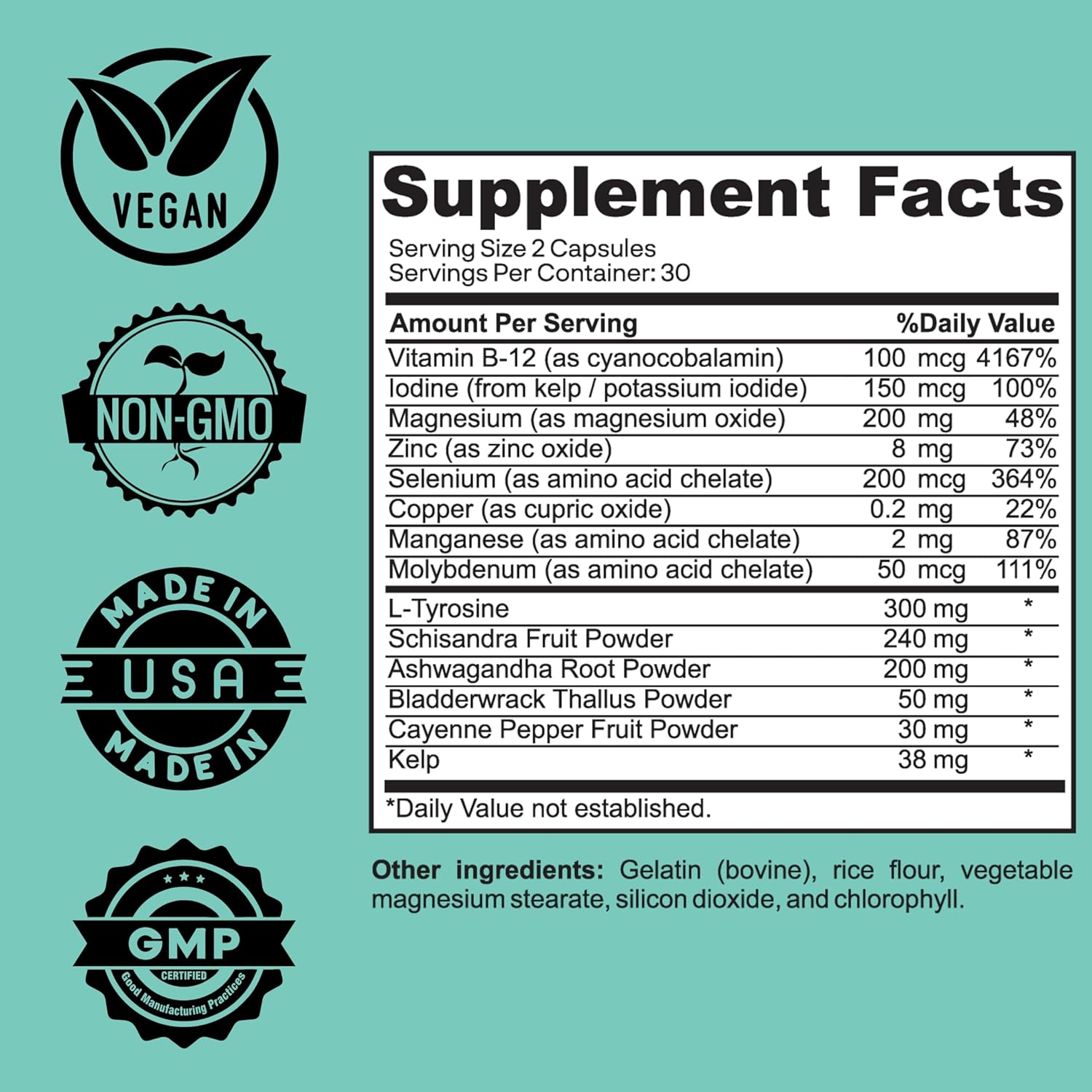 Thyroid Support Supplement with Iodine, Ashwagandha, Selenium, and Zinc - Boosts Energy, Metabolism, and Thyroid Health - 60 Capsules