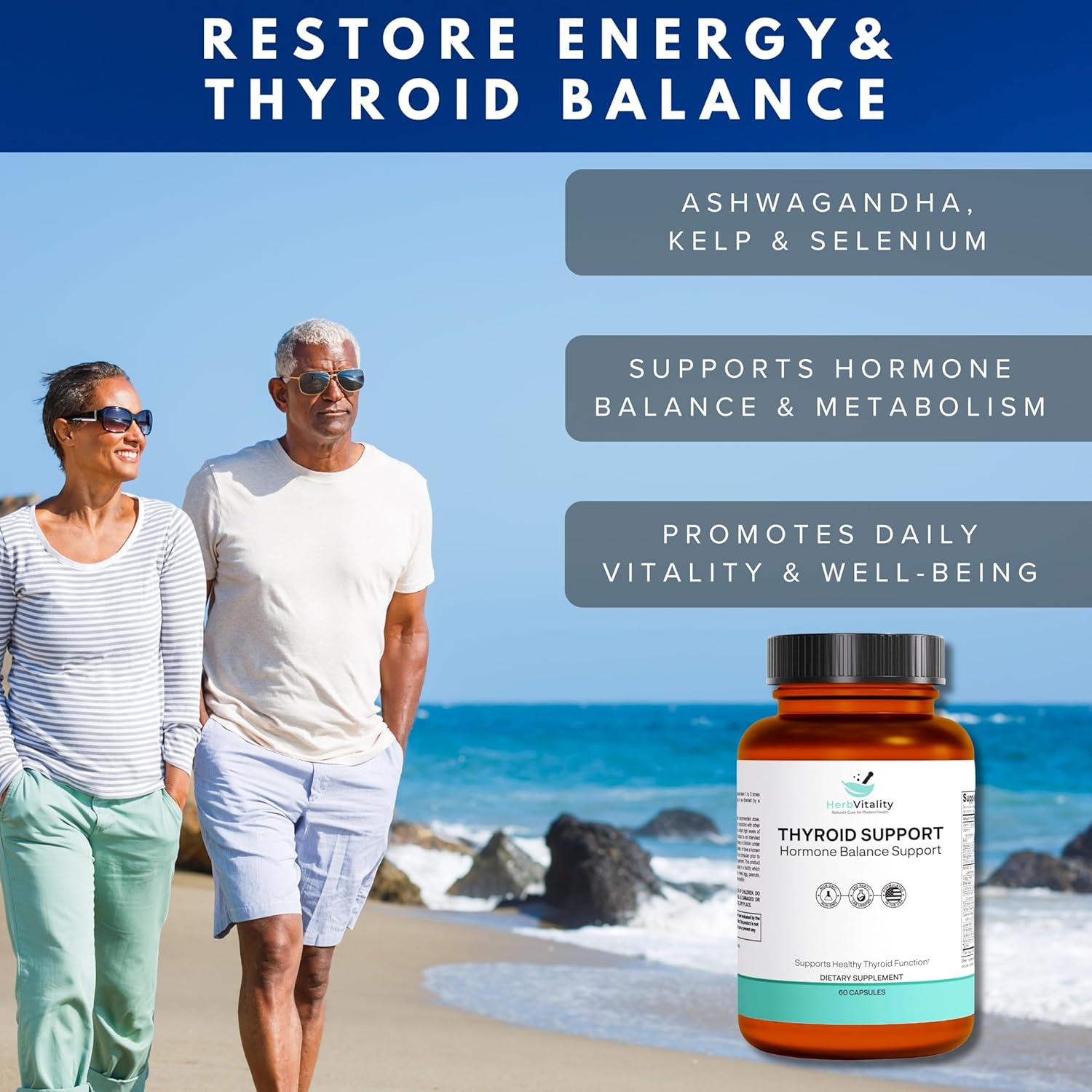 Thyroid Support Supplement with Iodine, Ashwagandha, Selenium, and Zinc - Boosts Energy, Metabolism, and Thyroid Health - 60 Capsules