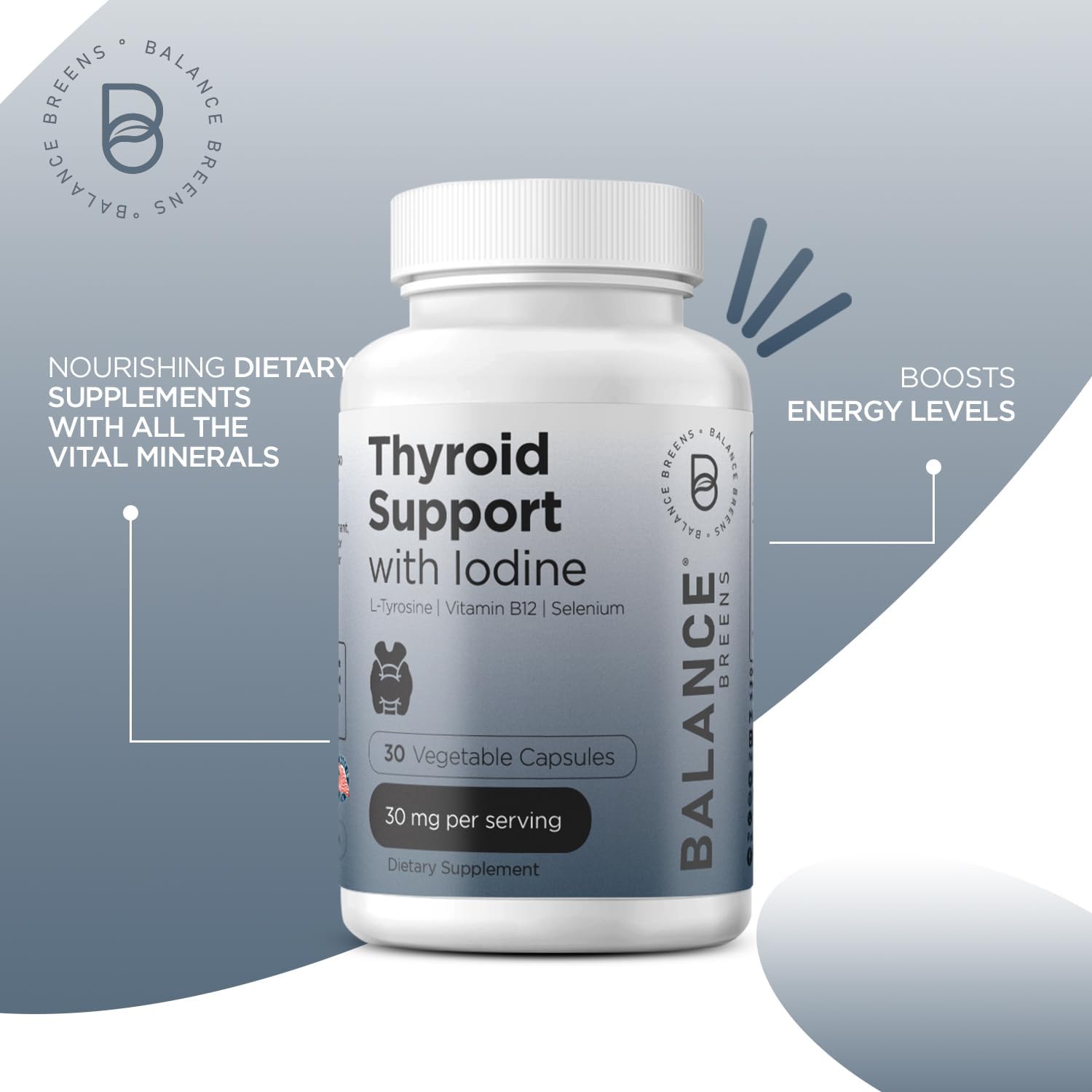 Thyroid Support Supplement with Iodine, L-Tyrosine, Vitamin B12 & Selenium - Boost Energy, Metabolism & Focus with 30 Veg Capsules