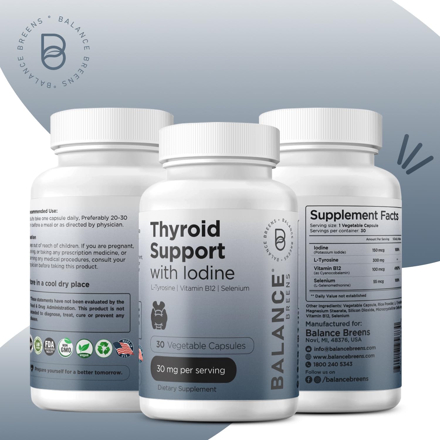 Thyroid Support Supplement with Iodine, L-Tyrosine, Vitamin B12 & Selenium - Boost Energy, Metabolism & Focus with 30 Veg Capsules