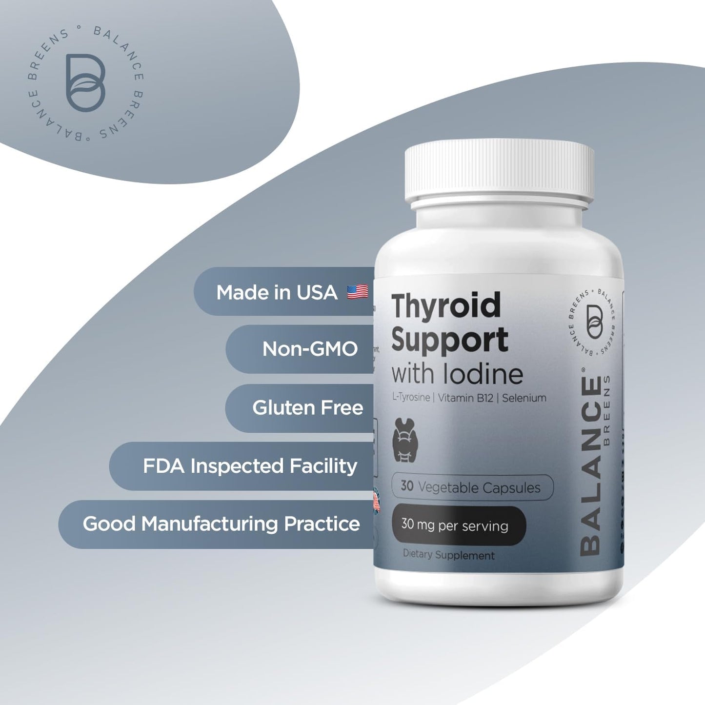 Thyroid Support Supplement with Iodine, L-Tyrosine, Vitamin B12 & Selenium - Boost Energy, Metabolism & Focus with 30 Veg Capsules